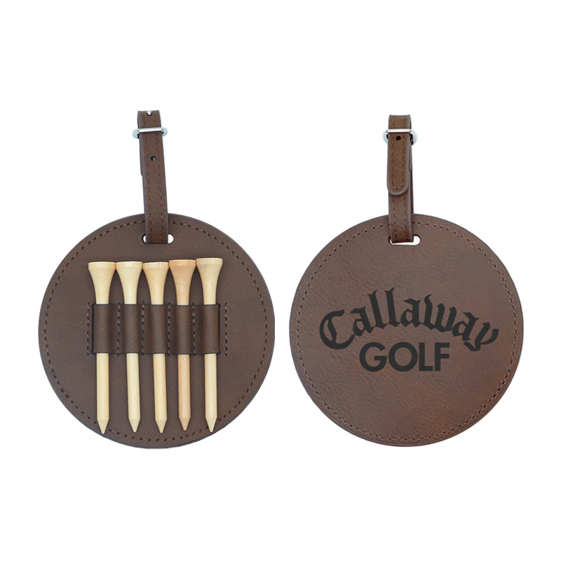 Kulatý koženkový štítek na golfovou tašku s 5 dřevěnými odpališti