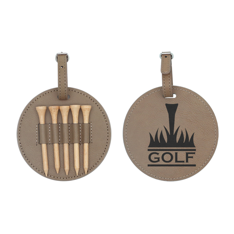 Kulatý koženkový štítek na golfovou tašku s 5 dřevěnými odpališti